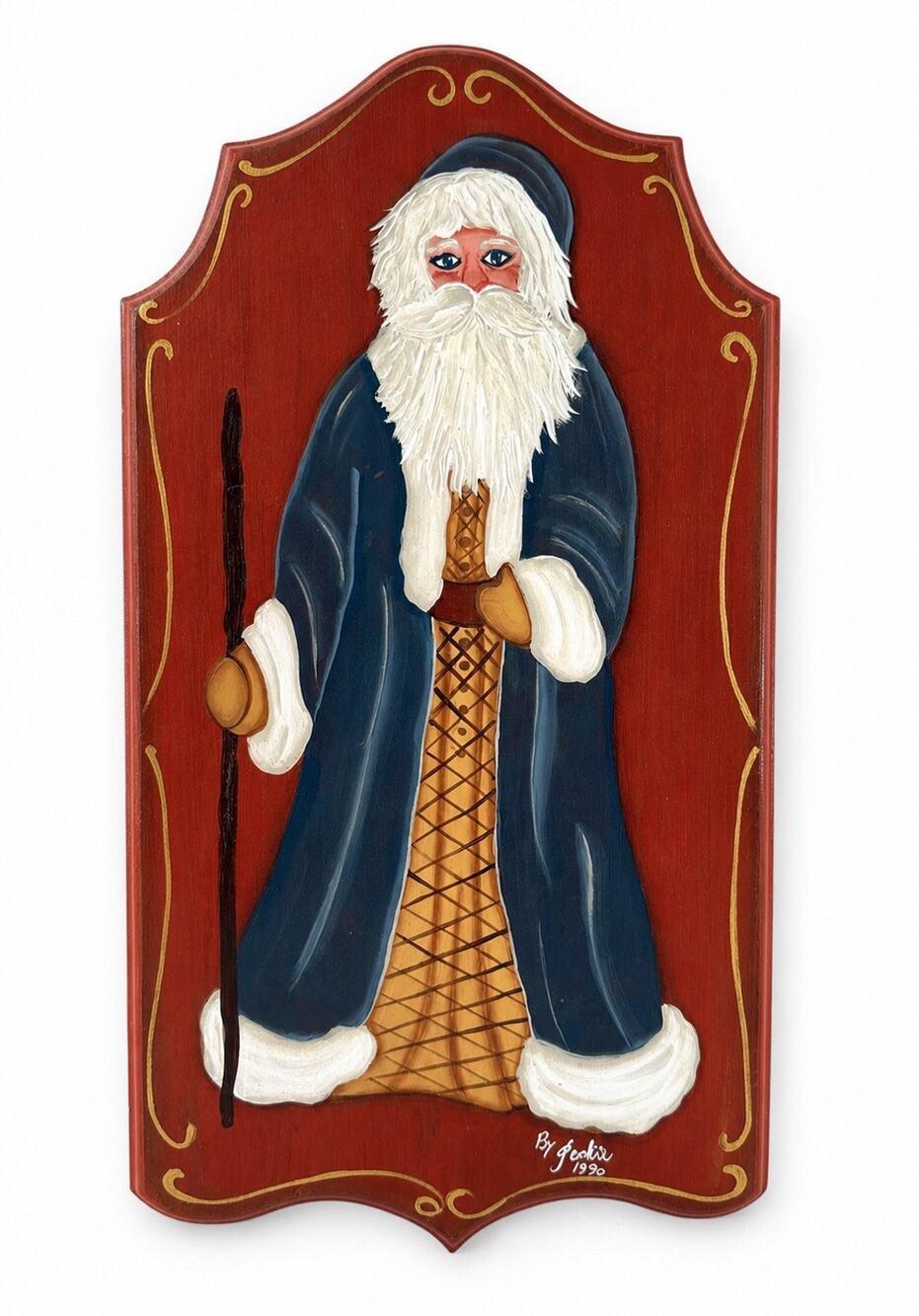 Folk Art Santa Claus Hand Painted Wooden Wall Plaque Signed Forkie 1990 16.5”
